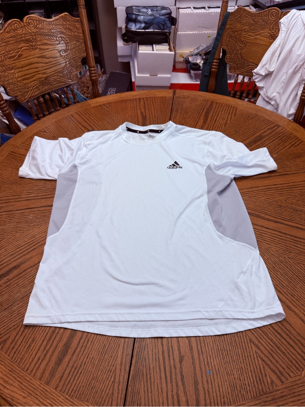 adidas White Short Sleeve Athletic Tee with Gray Panels